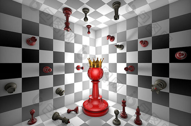红色的大兵和金色的王冠。封闭的国际象棋空间。许多小棋子。三维插图渲染