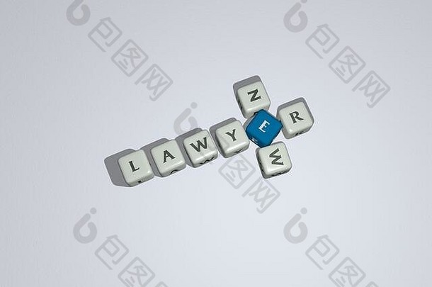 新律师的纵横填字游戏按镜子地板上的立方体字母排列，概念含义和呈现方式。商业和插图。三维插图