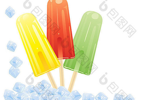 插图色彩斑斓的水果冰棒棒糖暴跌冰多维数据集孤立的白色背景