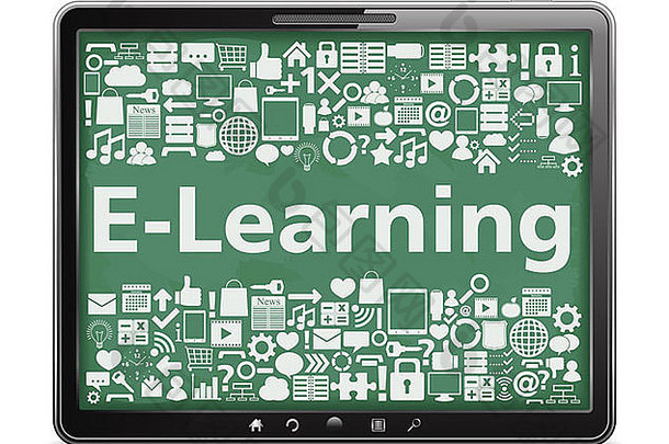 E-Learning概念，具有不同教育图标的平板电脑