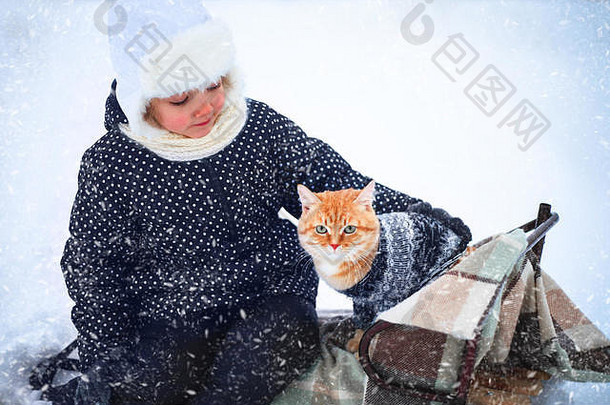 女孩红色的猫雪橇骑农村