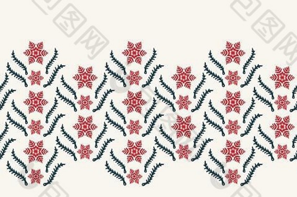 手绘抽象冬季雪花边框图案。时尚的水晶明星。红色本色单色背景。优雅的节日丝带装饰。节日礼物