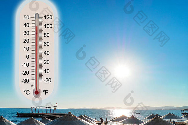 温度计显示温度上升夏天太阳海边照片koncept