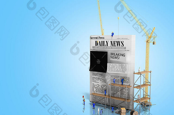 新闻建筑概念建筑商坚持报纸列空白报纸表渲染蓝色的