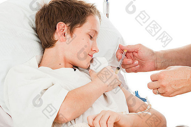 男孩勇敢地看护士拍摄手臂白色背景