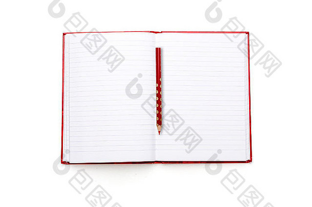 空白日记，红色封面，铅笔，白色隔离。