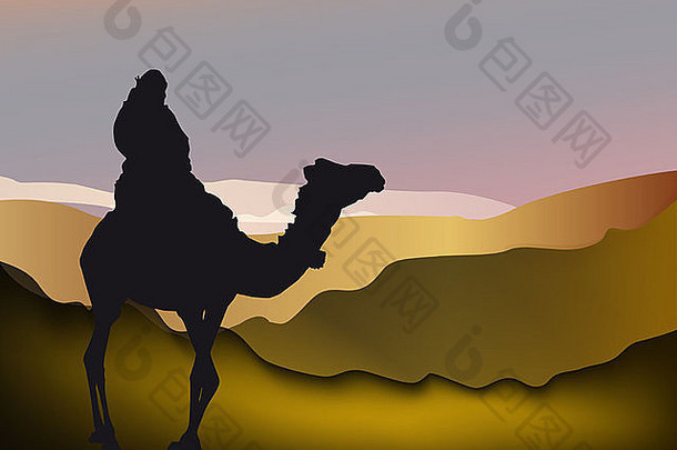 沙漠中骑骆驼的人