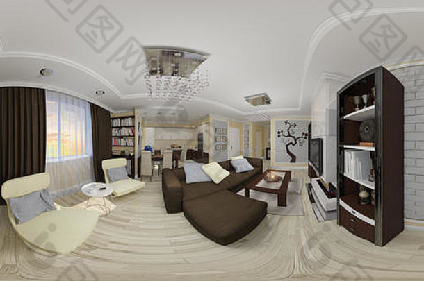 客厅a的3d插图360度无缝球形全景图