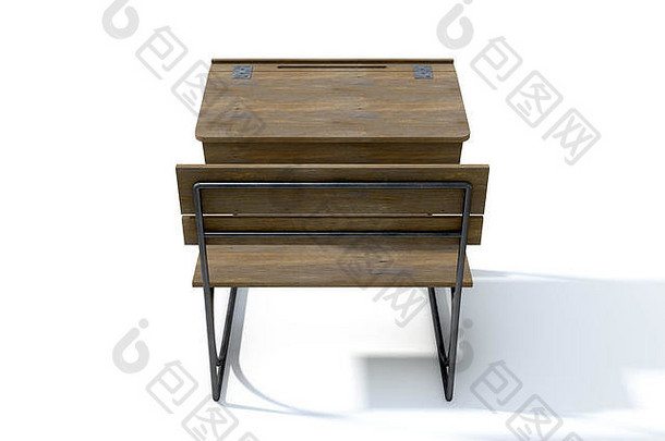 呈现古董木学校桌子上铰链成员板凳上座位孤立的白色工作室背景