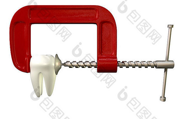 牙痛概念显示单牙挤压红色的金属夹孤立的白色工作室拍摄