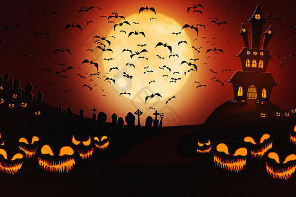 墓地里的万圣节南瓜，蝙蝠在满月的天空中飞翔，背景是鬼屋