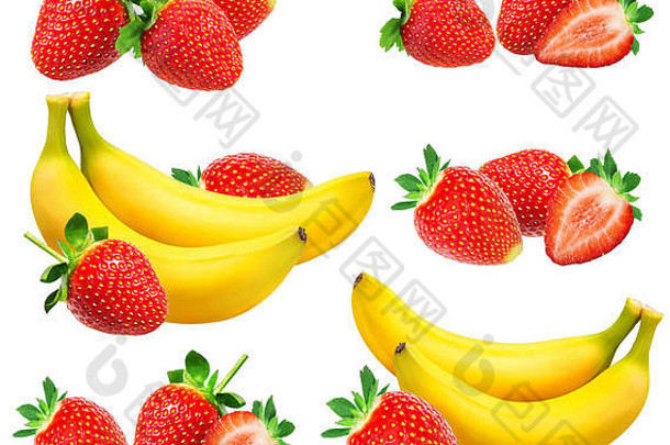 香蕉和草莓隔离在白色的地板上