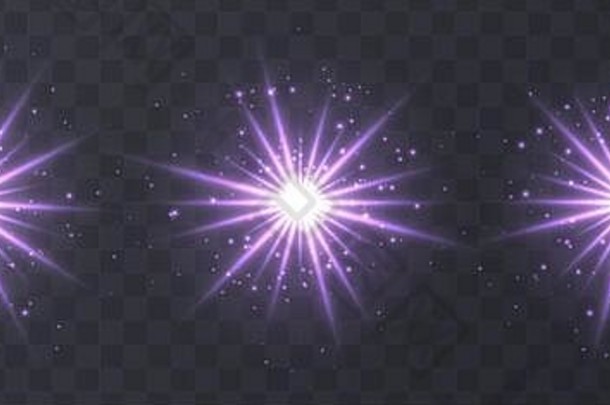 光耀斑集孤立的透明的背景紫色的镜头耀斑散景闪光闪亮的星星集合