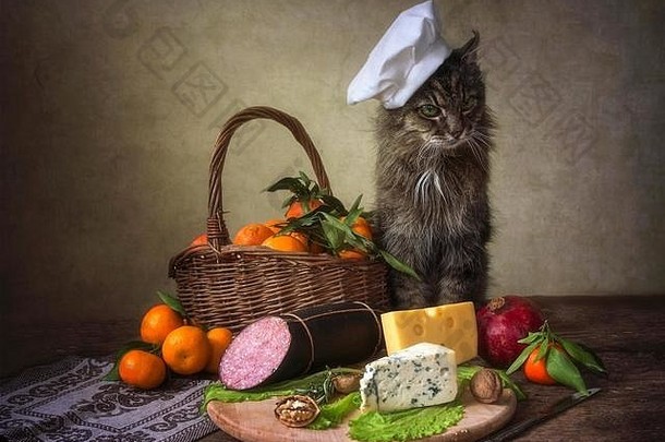 奶酪和猫的静物画