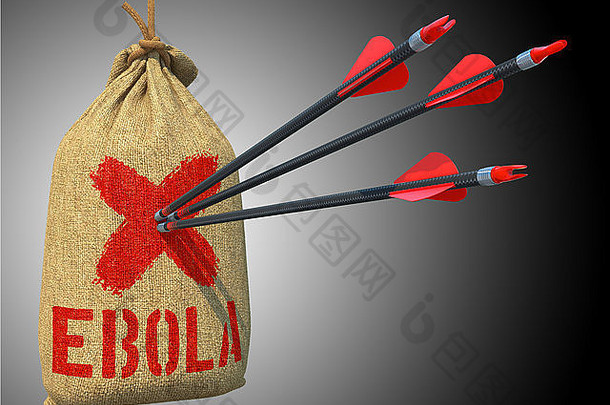 埃博拉-三支箭射中了灰色背景上挂着的麻袋上的红色目标。