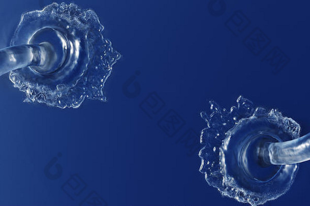 两条大水柱开始在平静的蓝色液体中飞溅，伴随着小浪