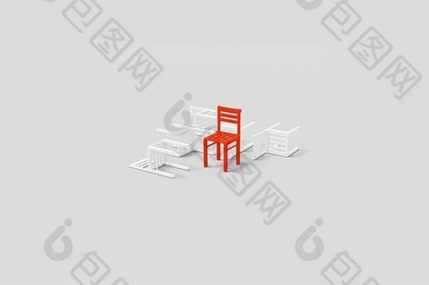 红色椅子突出的倒下椅子，胜利的3D插图