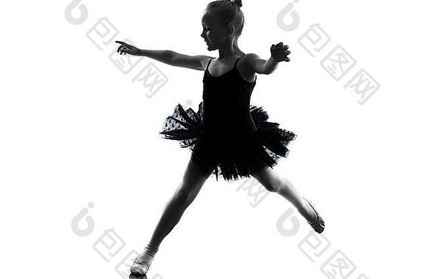 一个小女孩芭蕾舞演员在白色背景上以剪影跳舞