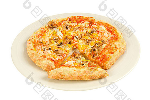 披萨片减少纯白色背景