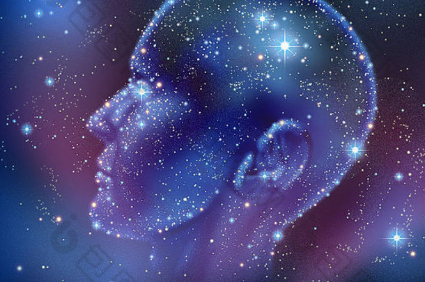 人类灵感有创意的情报星座明亮的星星空间形状人类头照亮晚上天空大脑函数神经学健康护理象征