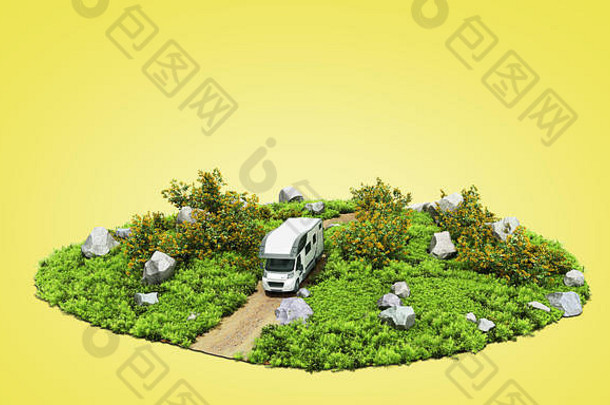 现代概念的家庭旅行-房子在轮子上沿着道路行驶，在黄色的3d渲染中呈现一片自然