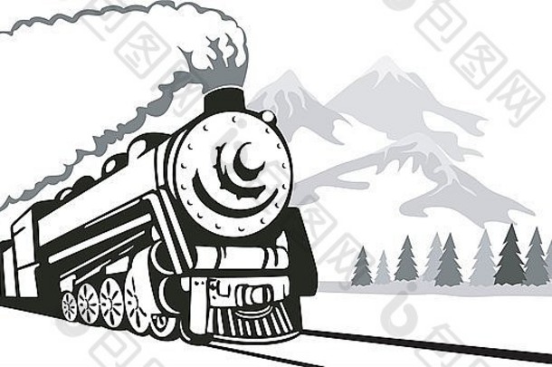 插图古董火车孤立的背景复古的风格