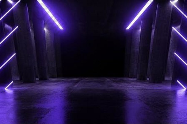 霓虹灯电力激光器紫罗兰紫色弧光在混凝土隧道走廊柱上发出明亮的光黑暗的夜晚空旷的科幻未来派网络3D渲染