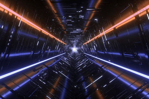 未来派霓虹灯蓝色蓝绿色超五边形三角形细节科幻外星飞船反射金属走廊隧道门空发光背景