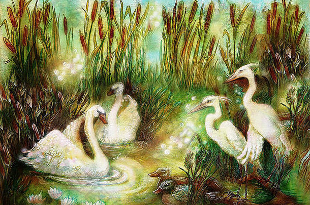 一对天鹅和鹤在芦苇环绕的池塘边，童话般的插图
