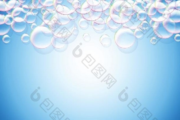 肥皂泡抽象蓝色背景，彩虹色透气泡沫