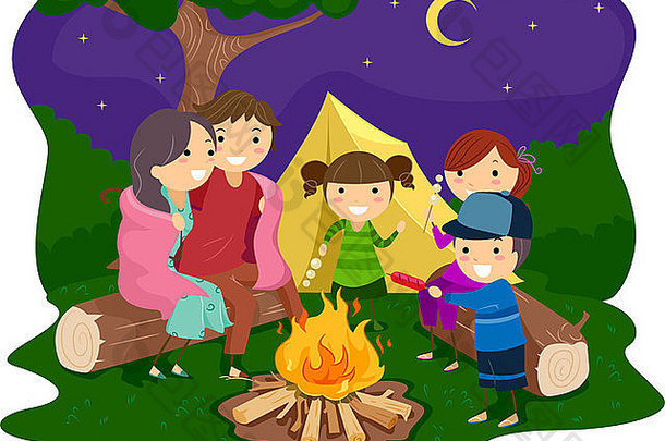 一家人围着篝火的插图