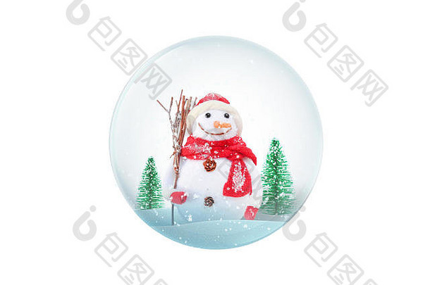 带雪人和圣诞树的独立玻璃魔球。