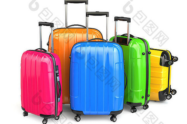 行李白色隔离背景上的彩色行李箱。三维