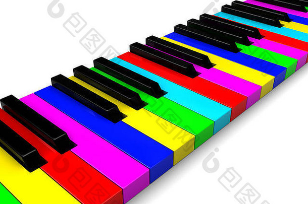 彩色钢琴键盘的抽象三维插图