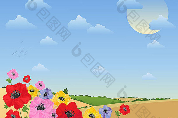 这是一幅彩色花的插图，展现了一幅夏日风景，山峦起伏，树篱丛生，云朵蓬松