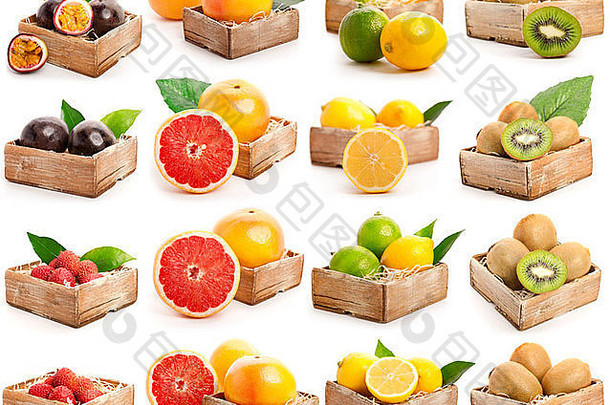 红色葡萄柚、荔枝、猕猴桃、百香果、黄色和绿色柠檬分离在白色表面