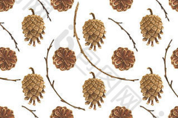 植物水彩视锥细胞分支机构木无缝的模式圣诞节纺织网络设计