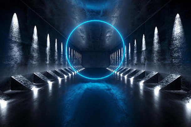 黑暗空sci未来主义的现代外星人船走廊隧道难看的东西混凝土材料白色领导灯霓虹灯发光的圆形状的蓝色的管