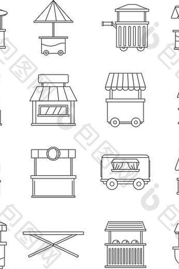 街食物卡车图标集大纲风格
