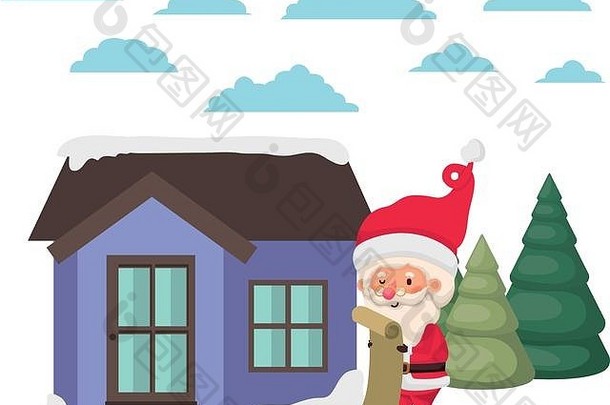 有松树和圣诞老人的房子