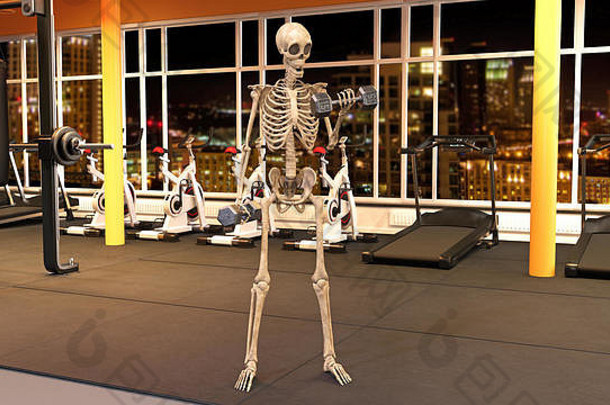 在健身房用哑铃锻炼骨骼，在健身设施用健身器材举重，3D渲染