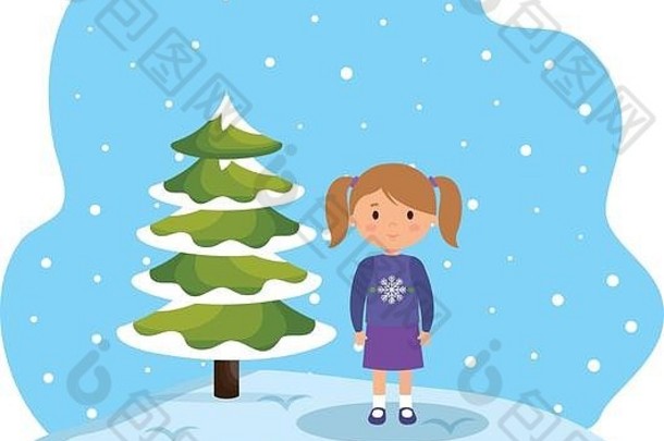 雪景中穿着冬衣的小女孩