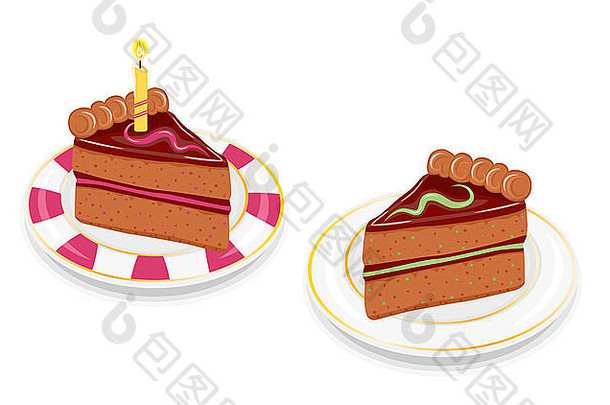 两片喜庆的生日巧克力蛋糕。有薄荷和草莓的味道，还有金色的蜡烛。隔离在白色背景上