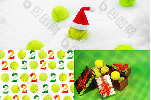 创意拼贴灵感来源于2020年新年的网球运动。圣诞节和新年的概念与网球和节日装饰。冬季运动健康布局。假日构想。