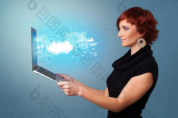 女人持有移动PC预测通知符号信息基于云技术系统