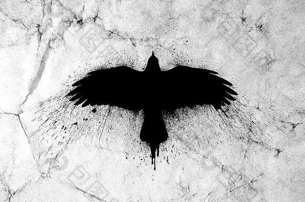 一只<strong>展翅飞翔</strong>的乌鸦的剪影，在古老的格伦奇复古纸纹理背景上有油漆飞溅、飞溅和污点。