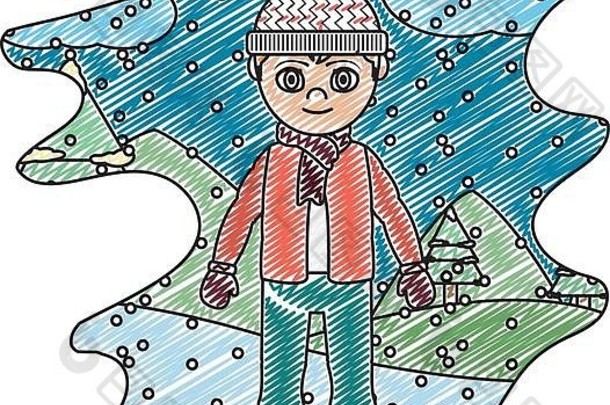 穿着冬衣和下雪天气的涂鸦男孩