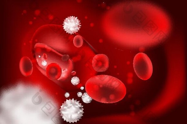 红色背景上的3d流式血细胞。
