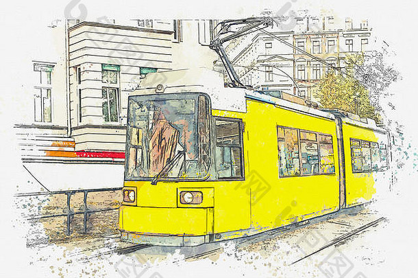 水彩草图插图有轨电车柏林