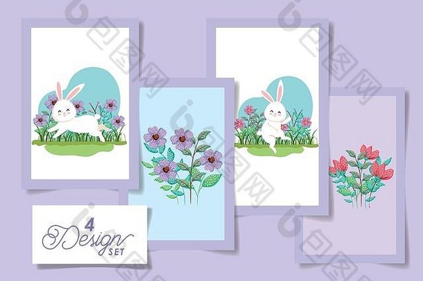 在复活节兔子的四个图案上放上鲜花